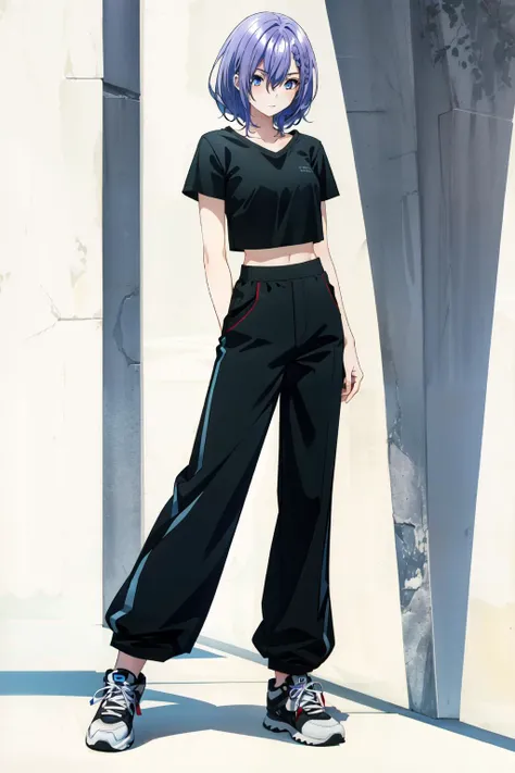 <lora:luna:0.7>luna,1girl,solo,short hair, purple hair, blue eyes, medium breasts , Arms crossed behind the back pose ,Wide-leg pants, tucked in tee, sneakers , High-waisted shorts , white background