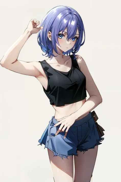 <lora:luna:0.7> luna,1girl,solo,short hair, purple hair, blue eyes, medium breasts , Standing tall pose ,Knit tank top, high-waisted shorts, espadrilles , A-line skirt , white background