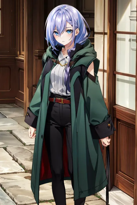 <lora:luna:0.7>luna,1girl,solo,short hair, purple hair, blue eyes, medium breasts , long coat , leggings