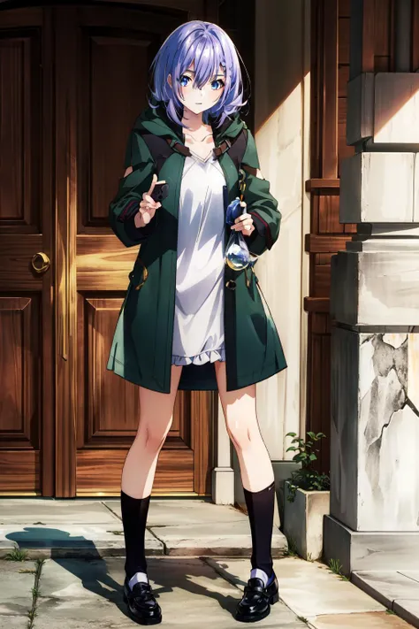 <lora:luna:0.7>luna,1girl,solo,short hair, purple hair, blue eyes, medium breasts , peacoat , socks