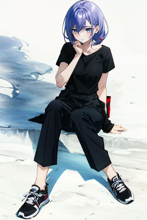 <lora:luna:0.7> luna,1girl,solo,short hair, purple hair, blue eyes, medium breasts , Sitting on edge pose ,Wide-leg pants, tucked in tee, sneakers , Dress pants , white background