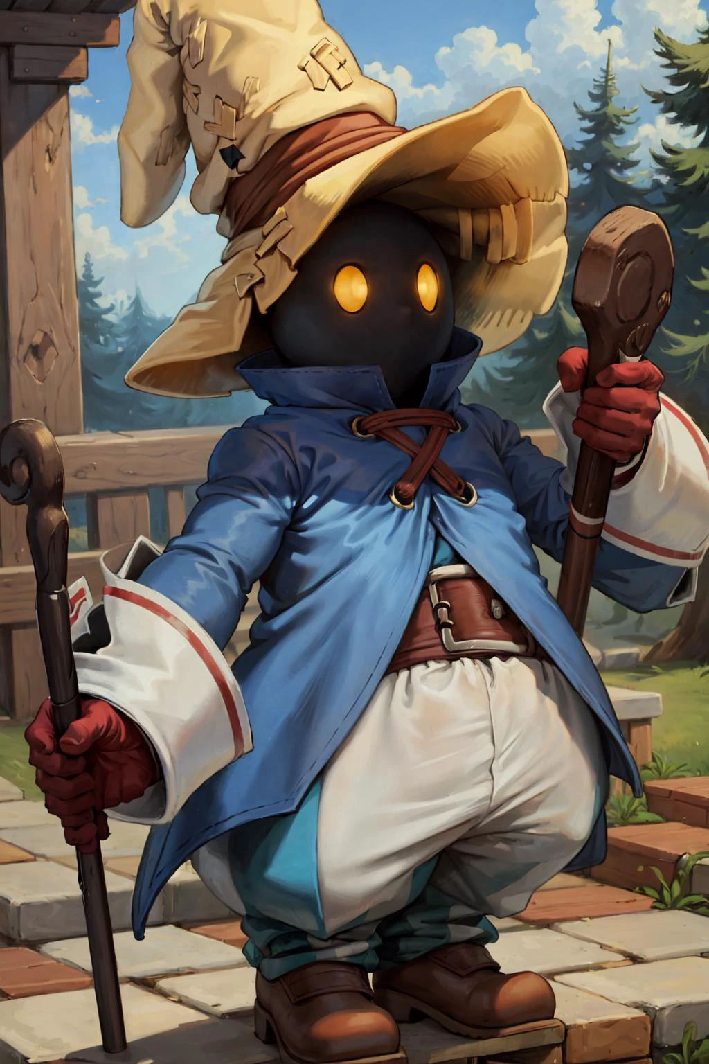 (masterpiece:1.2), (best quality:1.2), perfect eyes, perfect face, perfect lighting, vivi, wizard, holding a staff, magic, black face, yellow eyes, fantasy, detailed outdoor background <lora:viviOrnitierFinal_vivifinalfantasy0:1>