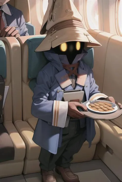 <lora:viviOrnitierFinal_vivifinalfantasy0:1>, detailed, ((vivi)), wizard, glowing yellow eyes, flames, detailed lighting, 4k, masterpiece, ((airplane steward)), ((plane interior)), ((flight attendant)), ((uniform)), standing, snacks, tray