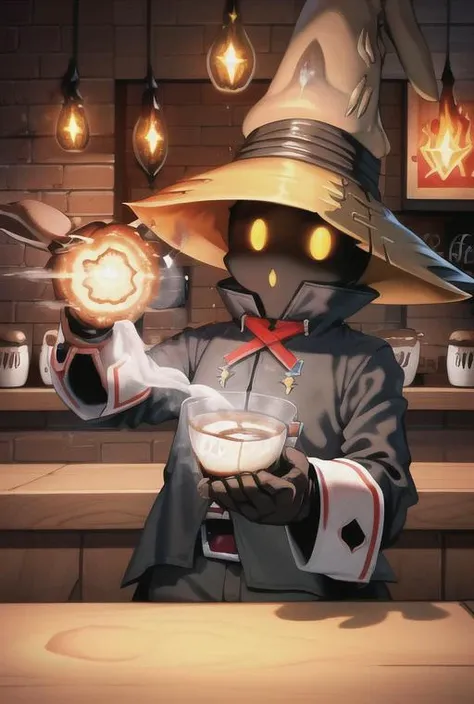 <lora:viviOrnitierFinal_vivifinalfantasy0:1>, detailed, vivi, wizard, glowing yellow eyes,  flames, detailed lighting, explosion,  4k, masterpiece, ((cafe)), ((barista uniform)), ((black mage)), coffee cup