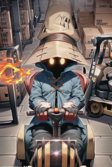 <lora:viviOrnitierFinal_vivifinalfantasy0:1>, detailed, vivi, wizard, glowing yellow eyes, flames, detailed lighting, 4k, masterpiece, ((driving forklift)), ((steering wheel)), (forklift:1.2)