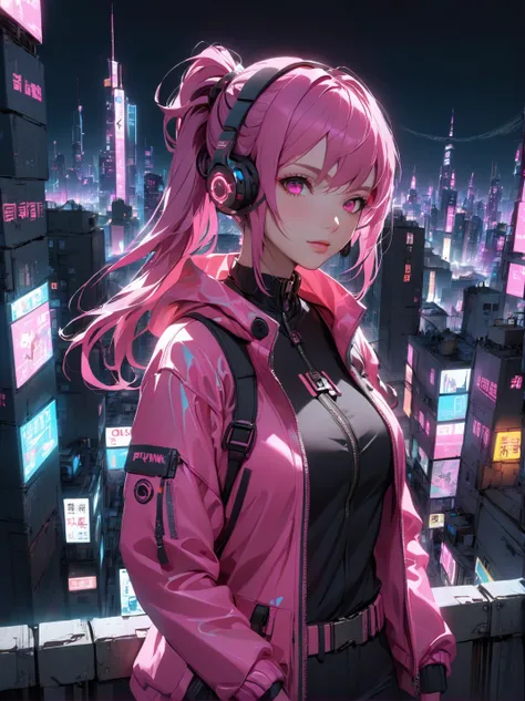 amazing 3d cgi anime art of a girl, cyberpunk, neonpunk, pink lights, pink jacket, headset, city at night, wallpaper, glowing <lora:aesthetic_anime_v1s:1.2><lora:add-detail-xl:1.1>