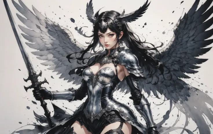 a winged Valkyrie wielding a weapon, splatter fashion, in the style of light and shadow, ink illustrations, by Yoji Shinkawa <lora:aesthetic_anime_v1s:1>
