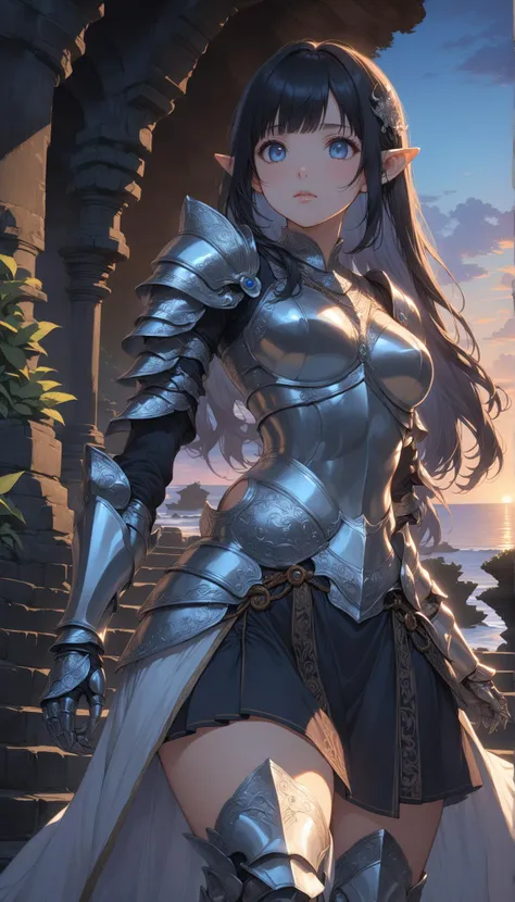 1girl, long ebony hair, blunt bangs, pointy ears,
on the steps of Tanah Lot at dusk,
[black choker:thorns:0.4], [platinum:silver:0.5] trim, [ebony:silver:0.5] armor, armored dress, sheer dress, clawed gauntlets, greaves,
very aesthetic, highres, 4k, 8k, intricate detail, cinematic lighting, amazing quality, amazing shading, detailed Illustration, official artwork, wallpaper, official art,
extremely detailed eyes and face, beautiful detailed eyes,
from below, upper body, dutch angle,
<lora:aesthetic_anime_v1s:1>