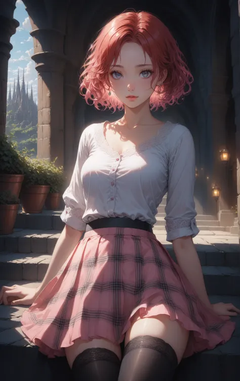 (masterpiece, best quality, ultra-detailed, best shadow), (detailed background,dark fantasy), (beautiful detailed face), (best illumination, an extremely delicate and beautiful), ((cinematic light)), colorful, hyper detail, dramatic light, intricate details, (depth) of (field), detailed background,
ponnie, red hair, short hair, wavy hair, forehead, side_part_hair, lips, grey_eyes, collarbones, 1ear,
plaid skirt, pink skirt, thigh highs, white shirt,
pastel pink <lora:aesthetic_anime_v1s:1.2>