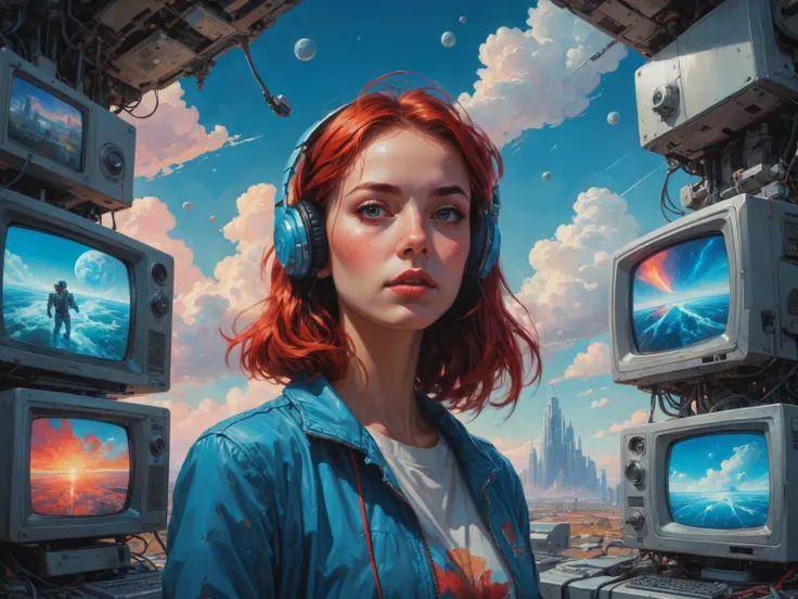 a tv program to watch tomorrow, featuring a computer girl as the main character, in the style of cyril rolando, detailed skies, tristan eaton, close up, robotic expressionism, dan mumford, red and blue <lora:aesthetic_anime_v1s:1>