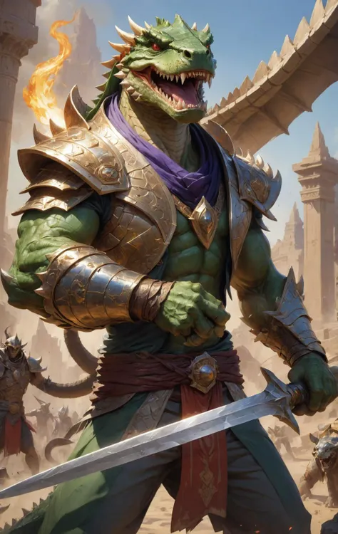 anime style, Depict Renekton, a towering and menacing crocodile champion from League of Legends. He is shown wielding a massive, ancient Egyptian-inspired blade, ready for combat in the top lane. Renekton's scales are rugged and battle-scarred, highlighting his experience and strength as a frontliner. The setting is a sun-scorched desert battlefield, emphasizing his dominance and resilience. His eyes burn with a fiery intensity, reflecting his aggressive early to mid-game playstyle, <lora:aesthetic_anime_v1s:1>