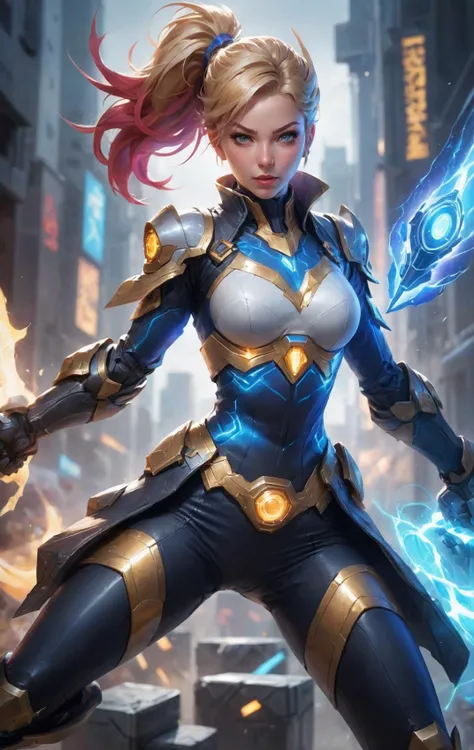 anime style, Create an image of Zeri, a vibrant and energetic ADC champion from League of Legends. She is depicted in a dynamic pose, charging her electrifying pulse cannon, with electricity crackling around her body. Her outfit is futuristic and sleek, reflecting her agility and speed. The background is a blurred cityscape, indicating her fast movements and her ability to swiftly navigate through her environment. Zeri's expression is focused and determined, showcasing her readiness for the late-game battles that lie ahead, <lora:aesthetic_anime_v1s:1>