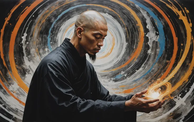 OP art of a monk with elements of air, water, earth, and fire spiraling around him in patterns that suggest the flow and convergence of his bending powers, by Casey Baugh, by Yoji Shinkawa <lora:aesthetic_anime_v1s:0.5> <lora:add-detail-xl:1.1>