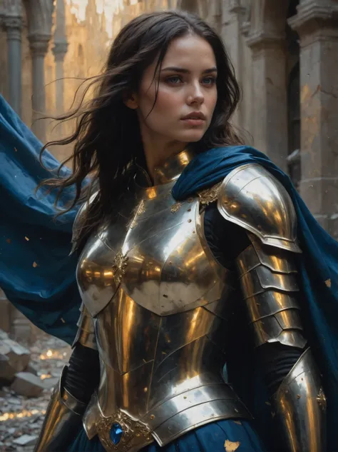 beautiful female knight in shiny gold armor with a blue cape, art by Casey Baugh, shattered background <lora:aesthetic_anime_v1s:0.8> <lora:add-detail-xl:1.3>