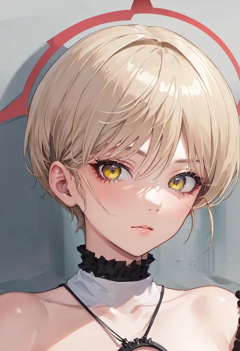 1 woman, white woman, blonde hair,  short hair, red lips, seductive look, green eyes, defined body, Gray shirt, danganronpa style, face front view