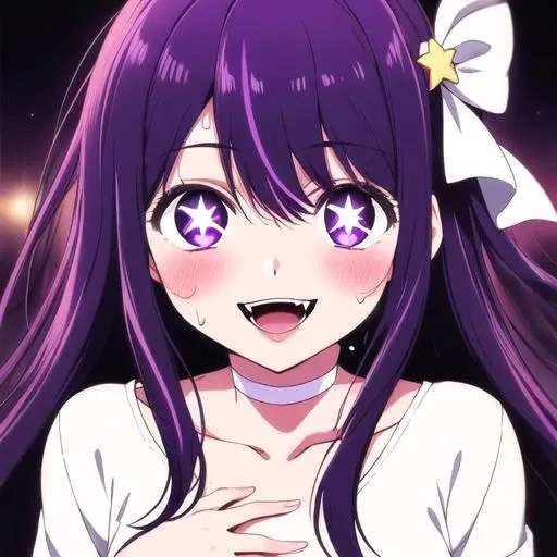 Hoshino Ai,1girl, solo, long hair, purple hair, smile, purple eyes, open mouth, hair ornament, choker, looking at viewer, blush, star-shaped pupils, purple hair, bangs, collarbone, sweat, fangs, upper body, white choker, hand on own chest, Hair bow,Happy,white shirt,<lora:Hoshino Ai_v2:0.5>