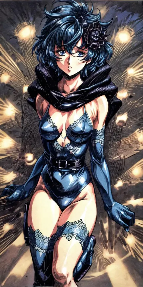 urushihara satoshi, masterpiece, best quality, highres, ultra-detailed, looking at viewer, 1girl, solo, 1990s \(style\), retro artstyle, 1girl, pov, cowboy shot, looking at viewer, solo, embarrassed, blue hair, blue eyes, blue,tights, blue,high-heeled boots with fur trim, legs spread, <lora:TwoV1.0:0.8>, spread legs, <lora:add_detail:1.8>, blue,flower,on top <lora:Uruv1:0.7>