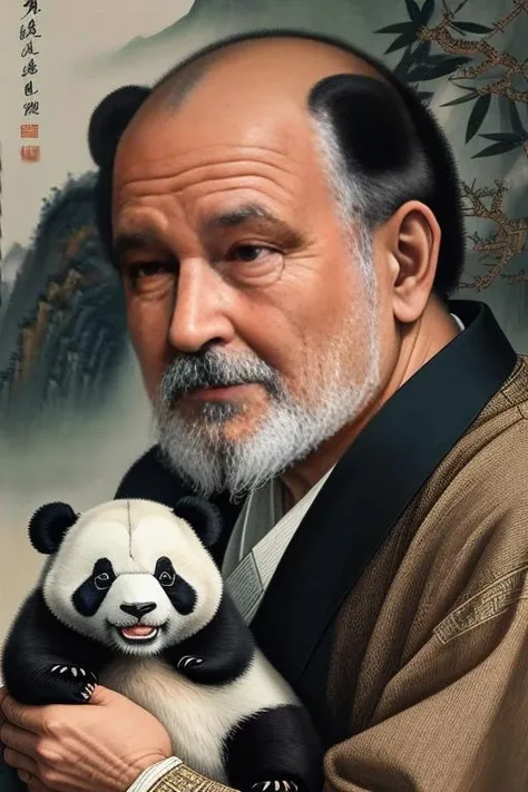 masterpiece, high quality, high resolution,8k, chinese painting of a old man and his panda, close up, sharp focus <lora:lineskStyle_v10:0.75>