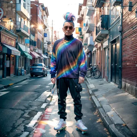 mundane photograph, short lighting, rim light, Deeply Thoughtful Universal Grandpa, Skateboarding, wearing Colorful Turtleneck, Masculine Pose, Rainbow hair styled as Top knot, Hasselblad, Fujifilm XT3, Selective focus, flat lighting, Iphone X, <lora:add_detail:0.4>