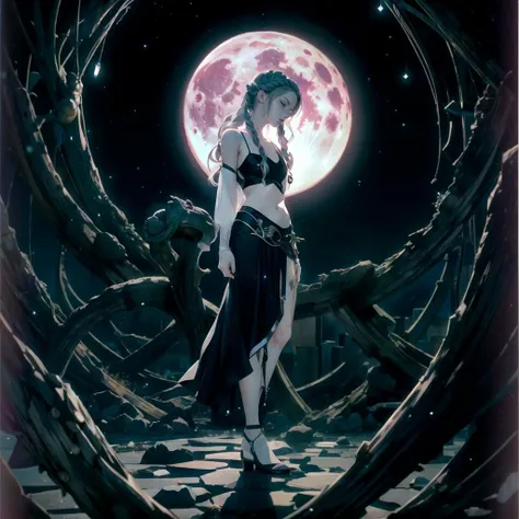 anime key visual, full shot of a Aspiring Desperate "The slaying of Medusa by Perseus", elegant, Moon in the night, Realistic, Health Goth Art, Kodachrome, intricate, Film grain, art by Willi Baumeister, <lora:add_detail:0.4>