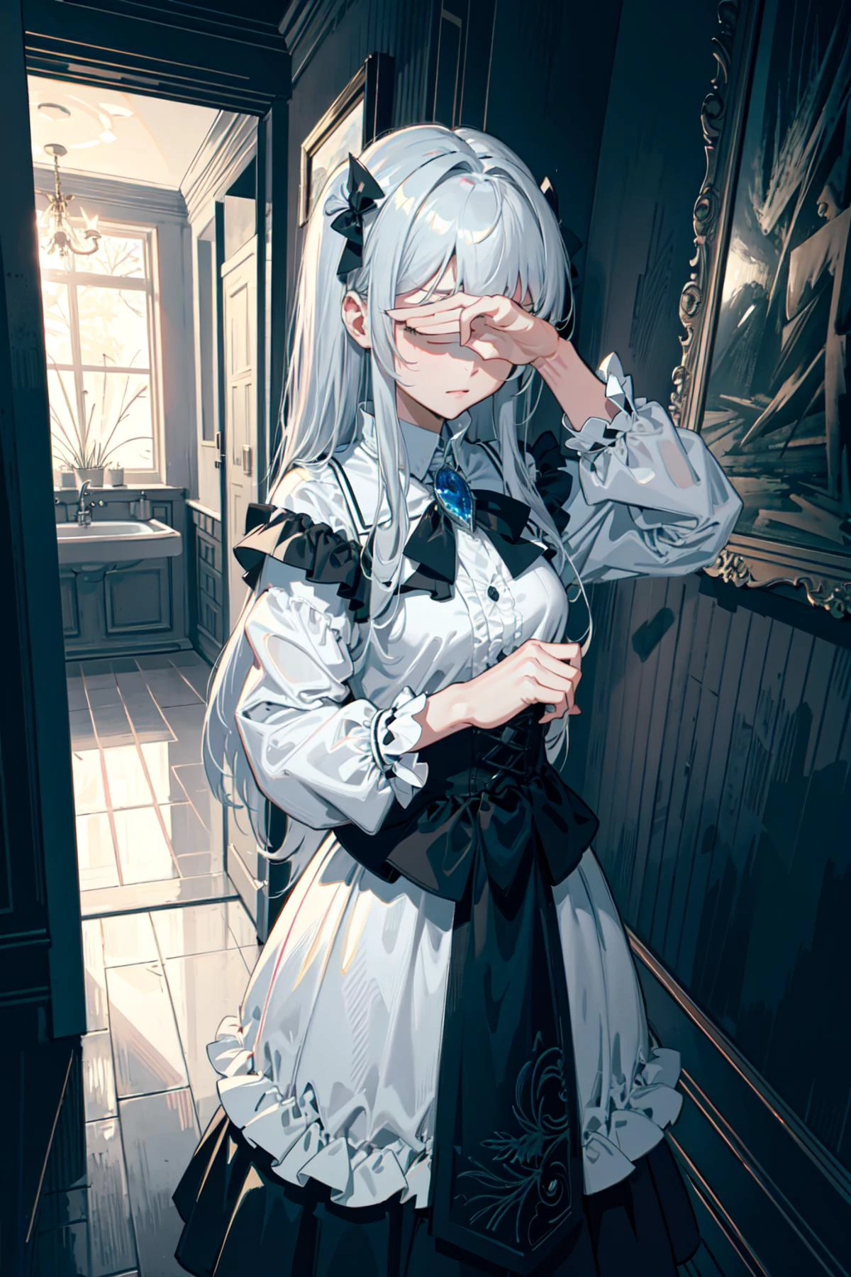 masterpiece, best quality, wide-angle Hyperdetailed, masterpiece, 8k, natural lighting, soft lighting, sunlight, HDR (High Dynamic Range), Maximum Clarity And Sharpness, Multi-Layered Textures,
(best art,:1.3),
silver theme,black theme,white theme,blue theme,long hair, ultra high res,perfect hands,perfect finger,
, <lora:covering_eyes:0.8> covering eyes <lora:é´æ©æ40k娴å¬ç¯2:0.2>