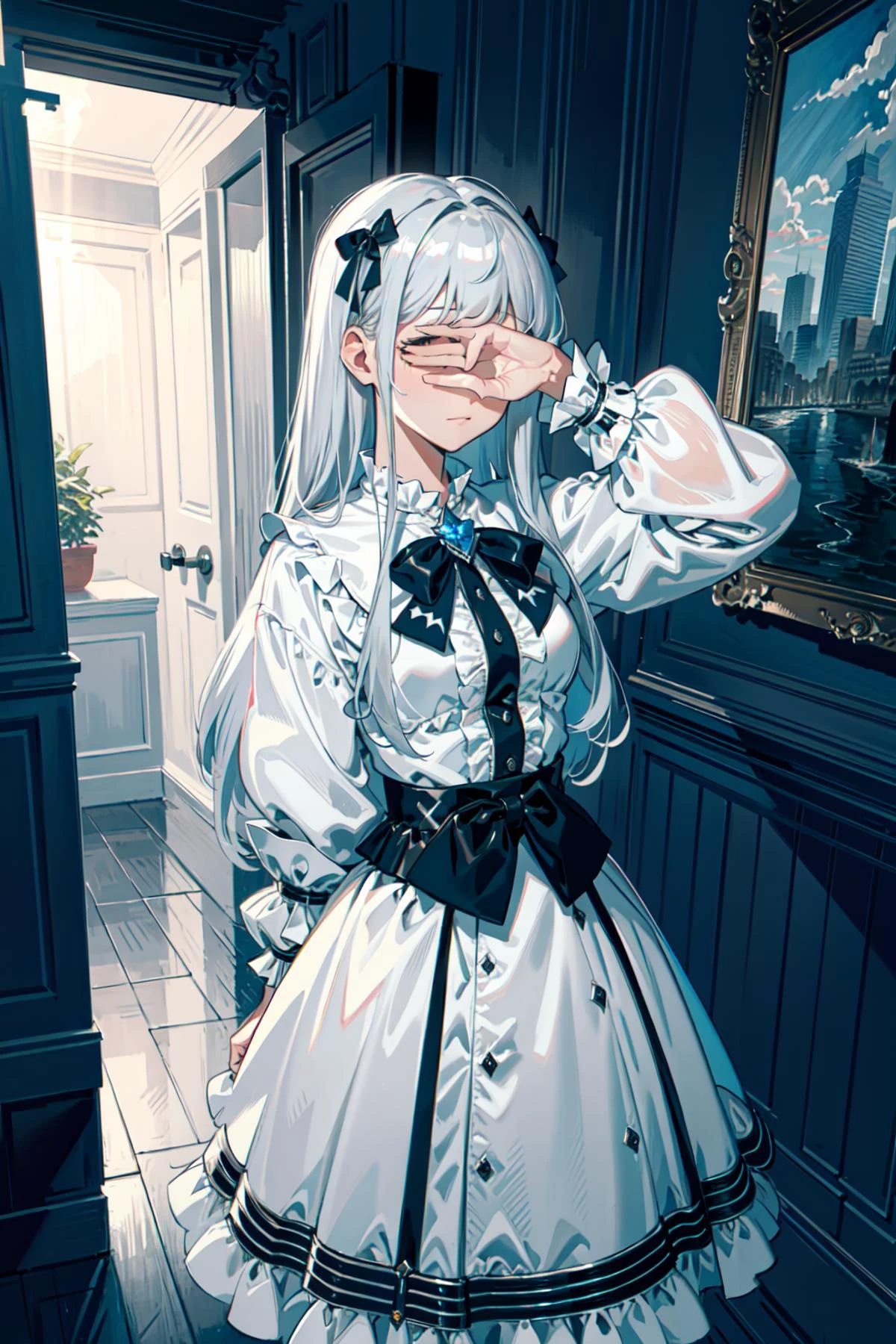 masterpiece, best quality, wide-angle Hyperdetailed, masterpiece, 8k, natural lighting, soft lighting, sunlight, HDR (High Dynamic Range), Maximum Clarity And Sharpness, Multi-Layered Textures,
(best art,:1.3),
silver theme,black theme,white theme,blue theme,long hair, ultra high res,perfect hands,perfect finger,
, <lora:covering_eyes:0.9> embarrassing, covering eyes, <lora:é´æ©æ40k娴å¬ç¯2:0.3>