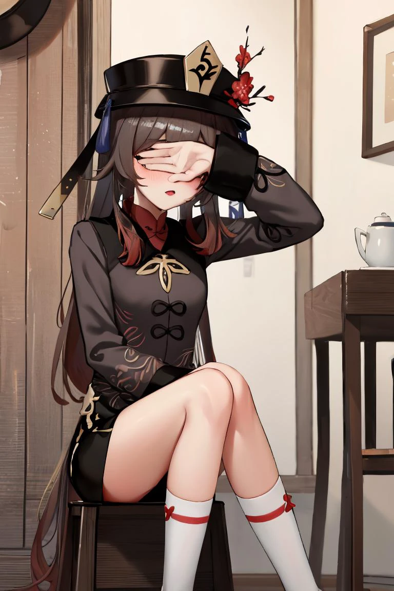 Highly detailed, High Quality, masterpiece, 1girl, <lora:covering_eyes:1> embarrassing, covering eyes, <lora:hutao1:0.9> hutaodef, ((small breasts))