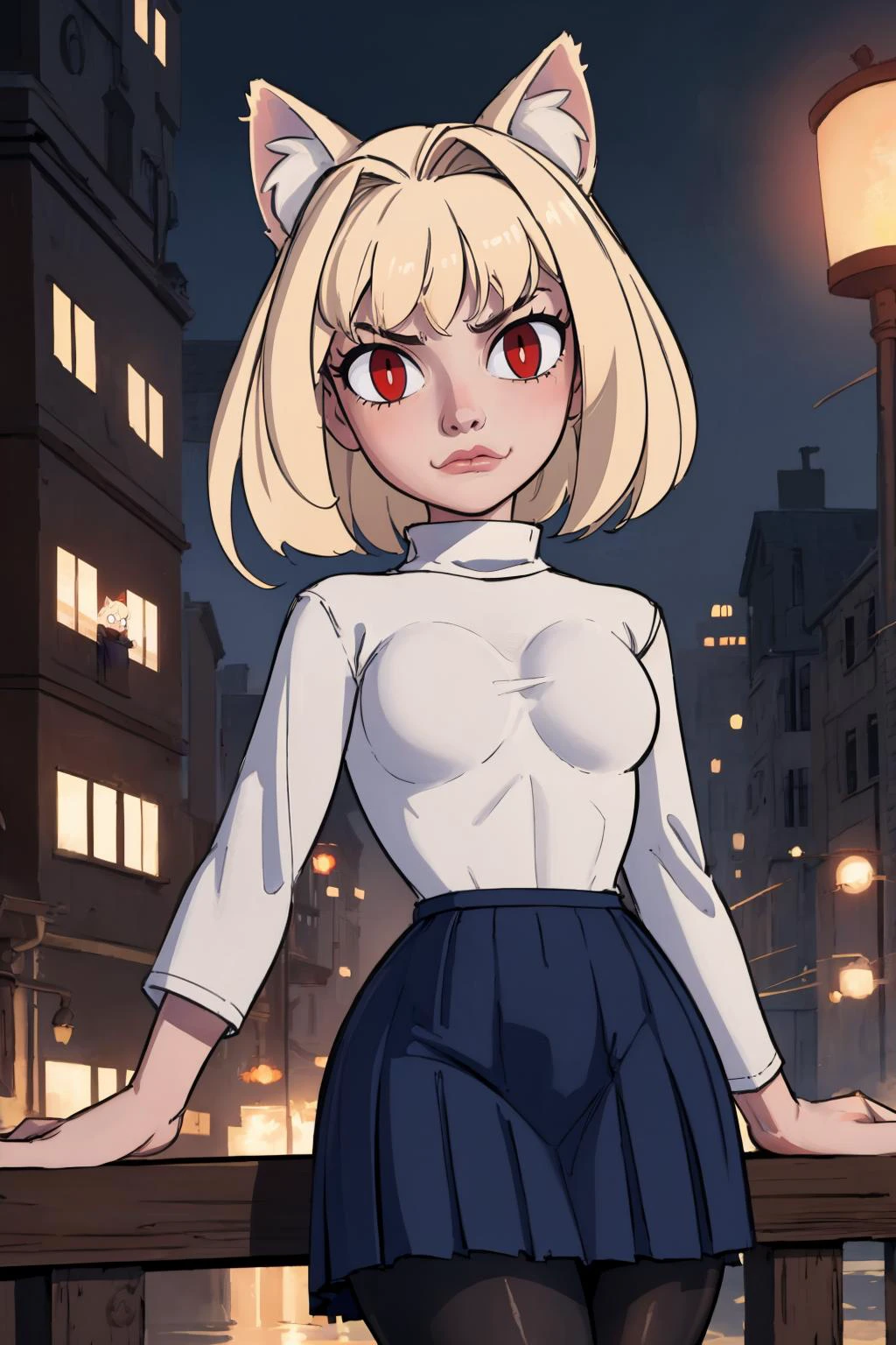 (masterpiece, best quality:1.2), <lora:necoarc:1>, necoarc, slit pupils, cat ears, blonde hair, red eyes, 1girl, solo, white turtleneck, blue skirt, pleated skirt, pantyhose, outdoors, <lora:sleepygimp:.95>, sleepygimp, looking at viewer,