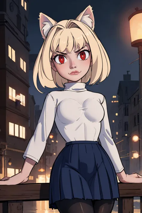 (masterpiece, best quality:1.2), <lora:necoarc:1>, necoarc, slit pupils, cat ears, blonde hair, red eyes, 1girl, solo, white turtleneck, blue skirt, pleated skirt, pantyhose, outdoors, <lora:sleepygimp:.95>, sleepygimp, looking at viewer,