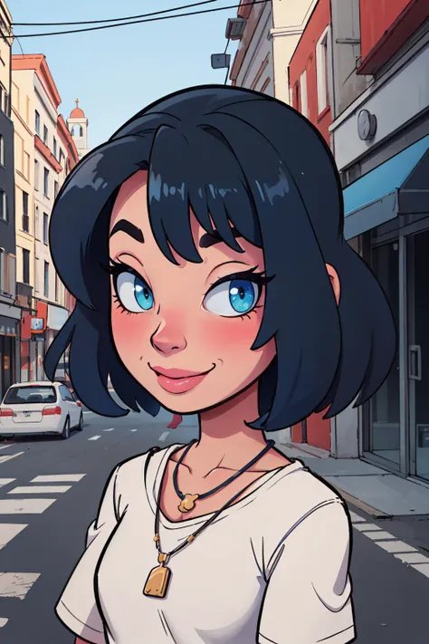 portrait of a pretty woman walking through the city, necklace, ((toon \(style\))), flat color, light smile, makeup, 
masterpiece, best quality, HDR, intricate detail,
 <lora:sleepygimp:0.7> sleepygimp