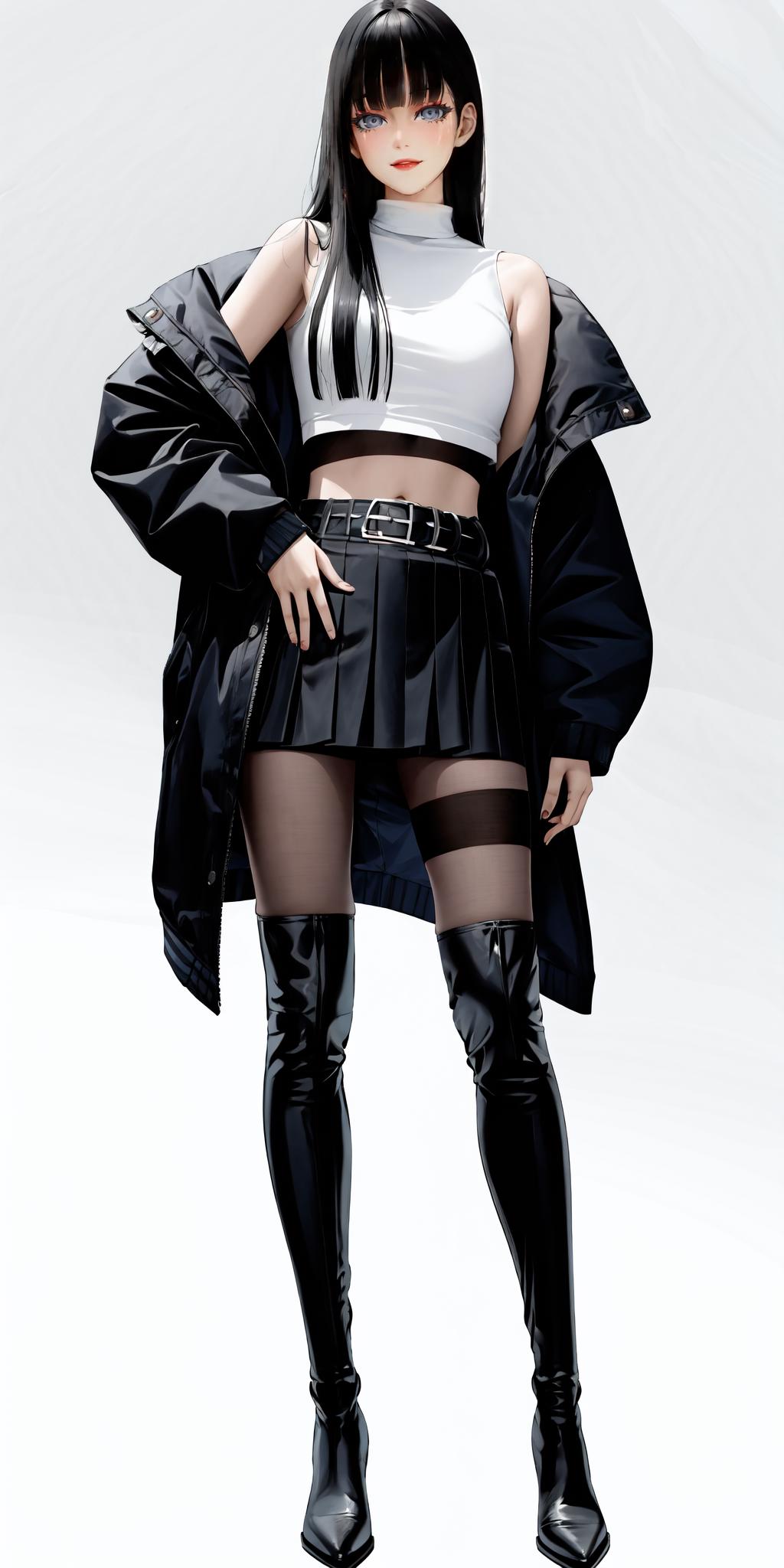 A woman in a black skirt and white top posing for a picture - SeaArt AI