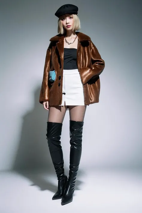 (full body:1.4),(Cinematic Aesthetic:1.4),bokeh,zaracbb,Photo of a beautiful korean fashion model,hat,(jacket),(fashion),brown pantyhose,necklace,arms behind back,jewelry,bob cut,blonde hair,<lora:ZARACowboyBootsRealisticVer:1:lbw=FUZU>,photography studio,