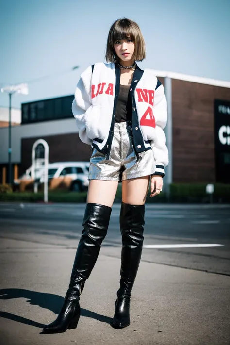(full body:1.4),(Cinematic Aesthetic:1.4),bokeh,zaracbb,Photo of a beautiful japanese fashion model,mature female,milf,(letterman jacket),(fashion),denim short shorts,brown pantyhose,(black choker),bob cut,blunt bangs,blonde hair,<lora:ZARACowboyBootsRealisticVer:1:lbw=FUZU>,photography studio,