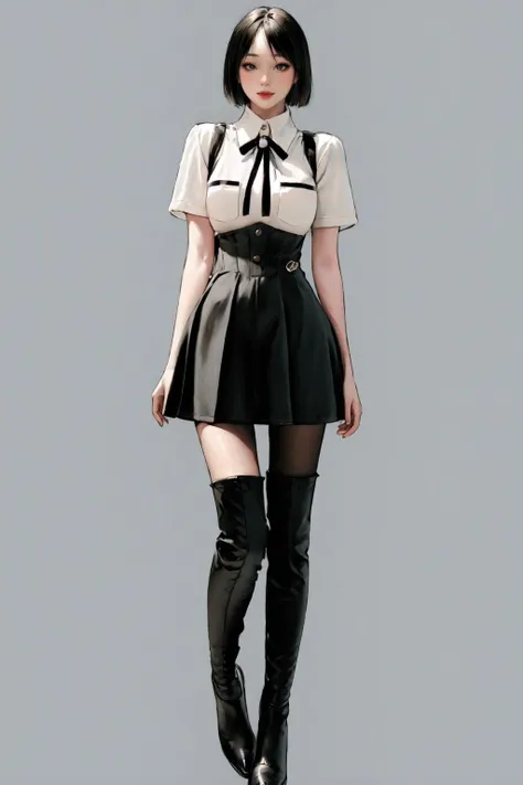 full body,1girl,solo,on chair,feet on chair,crossed legs,black footwear,breasts,short hair,bob cut,((high-waist pantyhose)),<lora:zaracbb:1:lbw=FUZU>,zaracbb,thigh boots,<lora:dating_attire_vol1_style6_v1:1:lbw=FUZU>,cyb skirt,cyb shirt,high-waist skirt,neck ribbon,(mature female),(shiny skin),looking at viewer,leather,leather boots,shiny footwear,<lora:misakistyle-01:1>,misakistyle,
