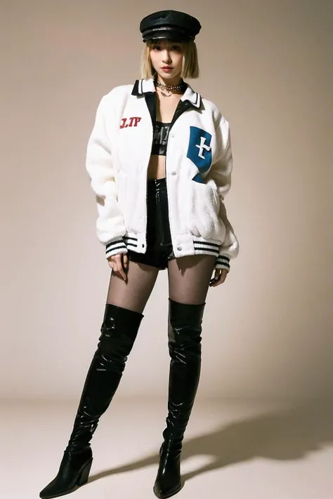 (full body:1.4),(Cinematic Aesthetic:1.4),bokeh,zaracbb,Photo of a beautiful korean fashion model,hat,(letterman jacket),(fashion),short shorts,brown pantyhose,black choker,jewelry,bob cut,blunt bangs,blonde hair,<lora:ZARACowboyBootsRealisticVer:1:lbw=FUZU>,photography studio,magazine cover,magazine scan,