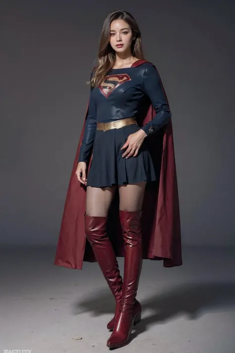 8k,best quality,real picture,intricate details,ultra-detailed,ultra highres,depth field,(photorealistic,realistic:1.2),masterpiece,solo,beautiful girl,expressionless eyes,supergirl,blue eyes,blonde hair,long hair,(red_cape:1.2),(red_skirt:1.2),(red_thigh_boots:1.4),(black_pantyhose:1.2),blush,shy,seductive smile,superhero,solo,looking at viewer,
best quality,realistic,photorealistic,(intricate details:1.2),(delicate detailed),(cinematic light),clear line,
unity 8k wallpaper,ultra high res,(photorealistic:1.4),<lora:Supergirl:0.5>,<lora:ZCBRealisticV2:0.8:lbw=FUZU>,zaracbb,<lora:epiCRealismHelper:0.45>,