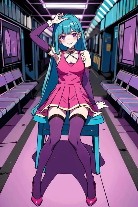highly insanely detailed, masterpiece, top quality, best quality, highres, 4k, 8k, RAW photo, (very aesthetic, beautiful and aesthetic), 1girl,
mememe,meme,me!me!me!,ME!ME!ME!feat.daoko,meme \(me!me!me!\),purple eyes,blue hair,aqua hair,long hair,bangs,blunt bangs,pink dress,purple dress,purple thigh highs,thighhighs,purple thighhighs,purple_legwear,arms behind head,purple choker,seductive smile,,
<lora:ME!ME!V1:1>,
1girl, solo focus,
Tower13_Gizelle,
a beautiful elvish girl,
an underground subway station, nestled within the guts of the city's subway system, adorned with graffiti-covered walls, dimly lit by flickering fluorescent lights, Commuters sit on weathered benches surrounded by urban decay, while punk-inspired staff serve edgy cuisine and drinks,pure purple background,transparent backgroundâââ