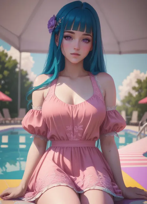 ltra realistic 8k cg, masterpiece, ((ultra detailed background, delicate pattern, intricate detail)), (highly detailed, fine details,), beautiful detailed face and eyes and hair, pool party caitlyn, 1girl, solo, mememe, fair-skinned, long hair, aqua hair, blunt bangs, pink eyes, pink dress, purple sleeves, purple thigh highs,  <lora:ME!ME!V1:0.8>