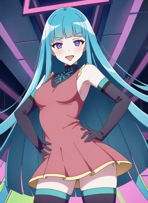 ((best quality)), ((highly detailed)), masterpiece, (detailed eyes, deep eyes), (1girl), cowboy shot, <lora:ME!ME!V1:.8>, BiBa, long hair, aqua hair, blunt bangs, pink eyes, fair-skinned, pink dress, detached sleeves, purple sleeves, purple thigh highs, hands on hips, one eye closed, licking lips, smiling, open mouth, <lora:Blacklight_v1:1.5>, blacklight, (neon body:1.3), red neon