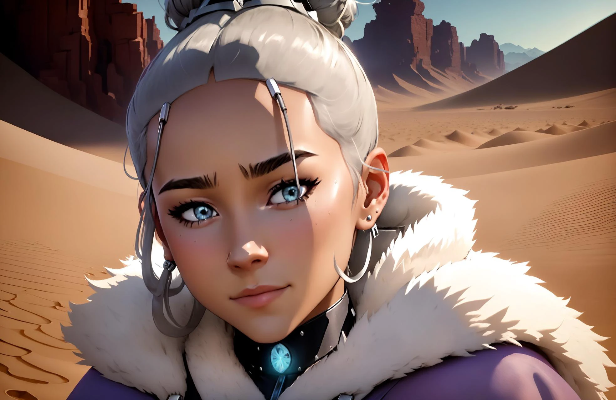 <lora:Katara:0.8> Katara (Extreme Close-Up Shot), (desert background), Film Grain Glimmering effect, Floodlight bounce lighting, Kimoicore Aesthetic, looking left, sorrow expression, grinning, Messy Bun hair, silver hair colour, plump body type, hand in hair, olive Sarcoline, Robe, Mini Skirt, high-heel shoes, running, Creating a custom playlist or music mix,