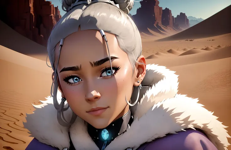 <lora:Katara:0.8> Katara  (Extreme Close-Up Shot), (desert background), Film Grain Glimmering effect, Floodlight bounce lighting, Kimoicore Aesthetic, looking left, sorrow expression, grinning, Messy Bun hair, silver hair colour, plump body type, hand in hair, olive Sarcoline, Robe, Mini Skirt, high-heel shoes, running, Creating a custom playlist or music mix,