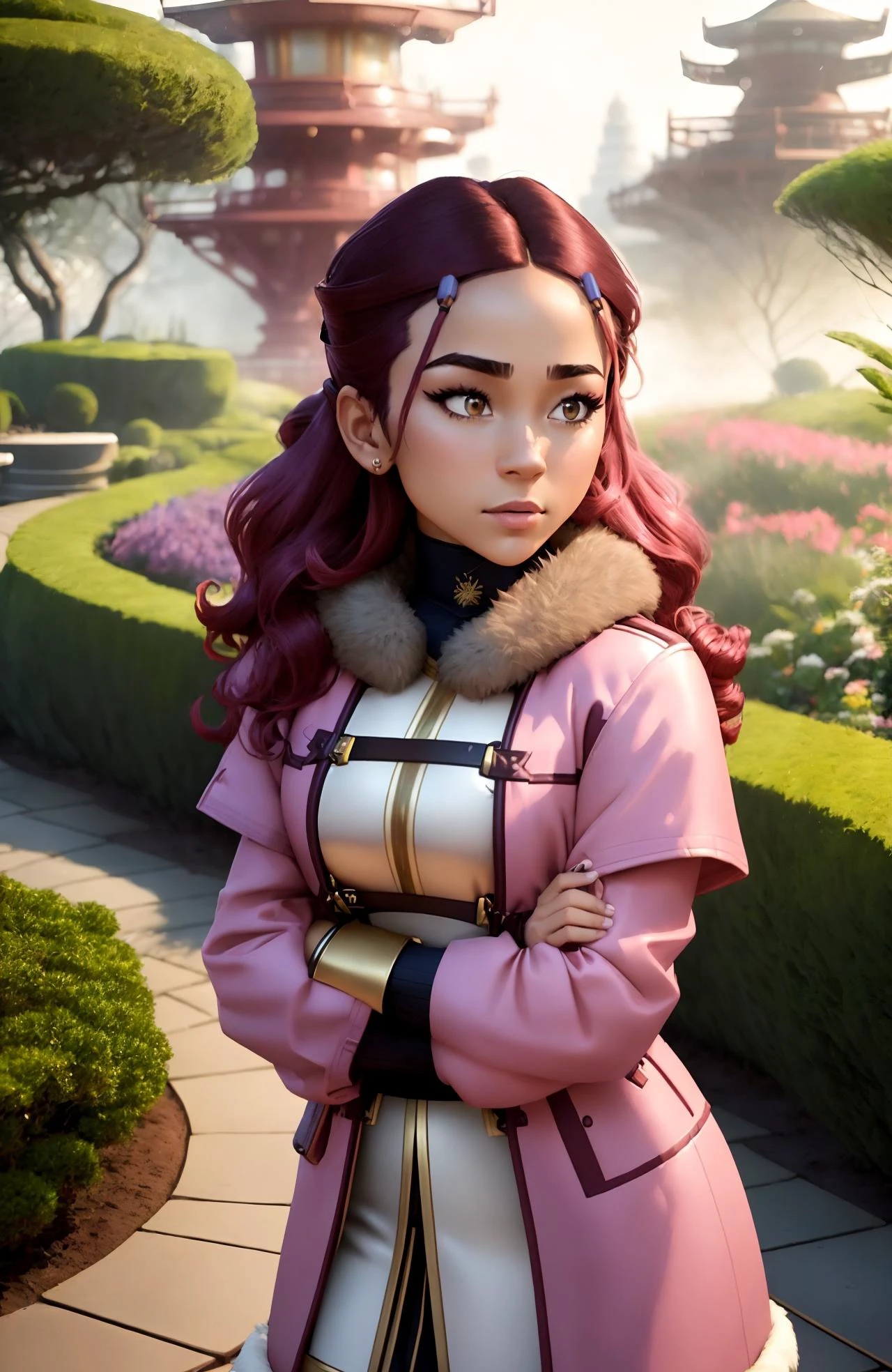 <lora:Katara:0.8> Katara (waist and up Shot), (garden background), bokeh Fog Effects effect, Floodlight spot lighting, Ratcore Aesthetic, looking at camera, excitement expression, pouting, Emo hair, mahogany hair colour, lean body type, arms by side, gold pink, Duffle Coat, Pencil Skirt, Boots, Crouching, Taking a scenic drive to a nearby destination,