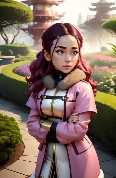 <lora:Katara:0.8> Katara (waist and up Shot), (garden background), bokeh Fog Effects effect, Floodlight spot lighting, Ratcore Aesthetic, looking at camera, excitement expression, pouting, Emo hair, mahogany hair colour, lean body type, arms by side, gold pink, Duffle Coat, Pencil Skirt, Boots, Crouching, Taking a scenic drive to a nearby destination,