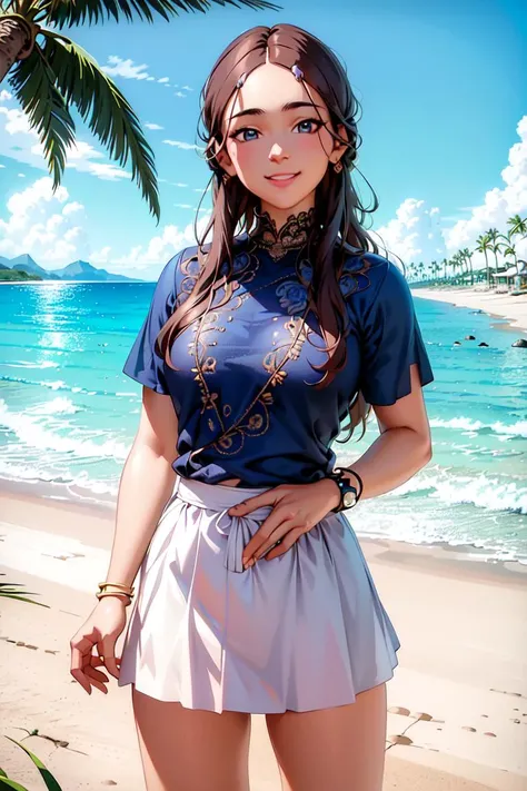 ultra realistic 8k cg, masterpiece, ((ultra detailed background, delicate pattern, intricate detail, highly detailed, fine details best quality, hyperdetailed face)), (photorealistic:1.4),beautiful lighting, absurdres, RAW photo, film grain, Katara, 1girl, solo, bracelet, long hair, brown hair, small breasts, (white T-shirt, simple T-shirt, short skirt), ((complex detailed background, beach, sand, ocean, outside, palm tree, sunbed, blue sky)), ((cowboy shot, smile)), <lora:Katara:0.75>