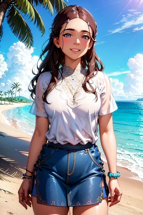 ultra realistic 8k cg, masterpiece, ((ultra detailed background, delicate pattern, intricate detail, highly detailed, fine details best quality, hyperdetailed face)), (photorealistic:1.4),beautiful lighting, absurdres, RAW photo, film grain, Katara, 1girl, solo, bracelet, long hair, brown hair, small breasts, (white T-shirt, simple T-shirt, short skirt), ((complex detailed background, beach, sand, ocean, outside, palm tree, sunbed, blue sky)), ((cowboy shot, smile)),  <lora:Katara:0.75>