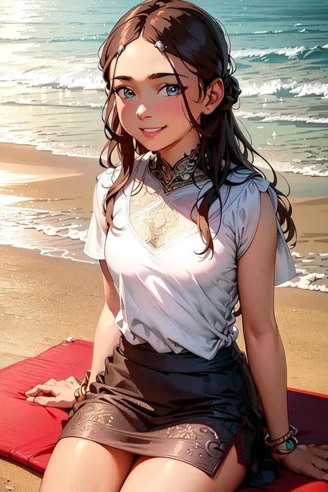 ultra realistic 8k cg, masterpiece, ((ultra detailed background, delicate pattern, intricate detail, highly detailed, fine details best quality, hyperdetailed face)), (photorealistic:1.4),beautiful lighting, absurdres, RAW photo, film grain, Katara, 1girl, solo, bracelet, long hair, brown hair, small breasts, (white T-shirt, simple T-shirt, short skirt), ((complex detailed background, beach, sand, ocean, outside, palm tree, dawn, moody lighting, warm lighting, dim lighting, bonfire, hands on legs, night sky)), ((cowboy shot, smile, beach mat, sitting down, sitting on beach mat)), <lora:Katara:0.75>