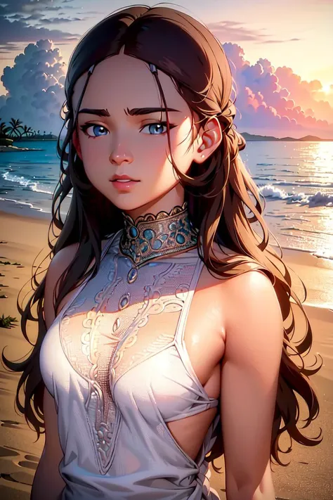 ultra realistic 8k cg, masterpiece, ((ultra detailed background, delicate pattern, intricate detail, highly detailed, fine details best quality, hyperdetailed face)), (photorealistic:1.4),beautiful lighting, absurdres, RAW photo, film grain, Katara, 1girl, solo, bracelet, long hair, brown hair, small breasts, (white T-shirt, simple T-shirt, bikini bottom), ((complex detailed background, beach, sand, ocean, outside, palm tree, dawn, moody lighting, warm lighting, dim lighting, bonfire, night sky)), ((close-up, portrait)), <lora:Katara:0.75>