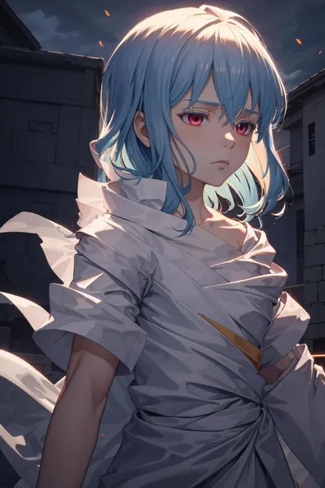 best quality, masterpiece, solo, <lora:rimuru3-000007:1>, rph1, upper body, emotionless, simple background, outdoors, the sky is on fire,