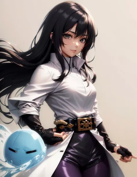<lora:rimuruTempest4Outfits_v11:0.7>,(style of tensei shitara slime datta ken),(anime:1.3),extremely delicate and beautiful,best quality,8K,1girl,cowboy shot,(izawa shizue:1.3),(black hair:1.3),(straight hair),medium hair,hair between eyes,(facial mark),black eyes,merciful,smirk,medium breasts,(white cape,white shirt,puffy shirt,black sleeves,white fingerless gloves:1.2),purple belt(black leggings:1.5),holding a katana,facing viewer,