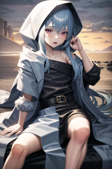 absurdres, 1boy,  <lora:rimuruTempest4Outfits_v11:1>, rimuru tempest, rph1, sitting on throne, realism, hood, cloudy, calm, overcast, dark background